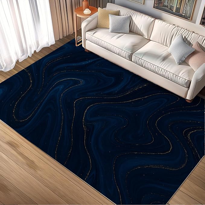 Luxury Marble Rug - 4x5 Rug, Navy Blue Marble Area Rugs, Modern Abstract Outdoor Rugs, Washable & Non Slip Carpet Home Decor