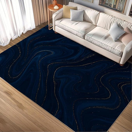 Luxury Marble Rug - 5x8 Area Rug, Navy Blue Marble Rugs, Modern Abstract Outdoor Rugs, Washable & Non Slip Carpet Home Decor