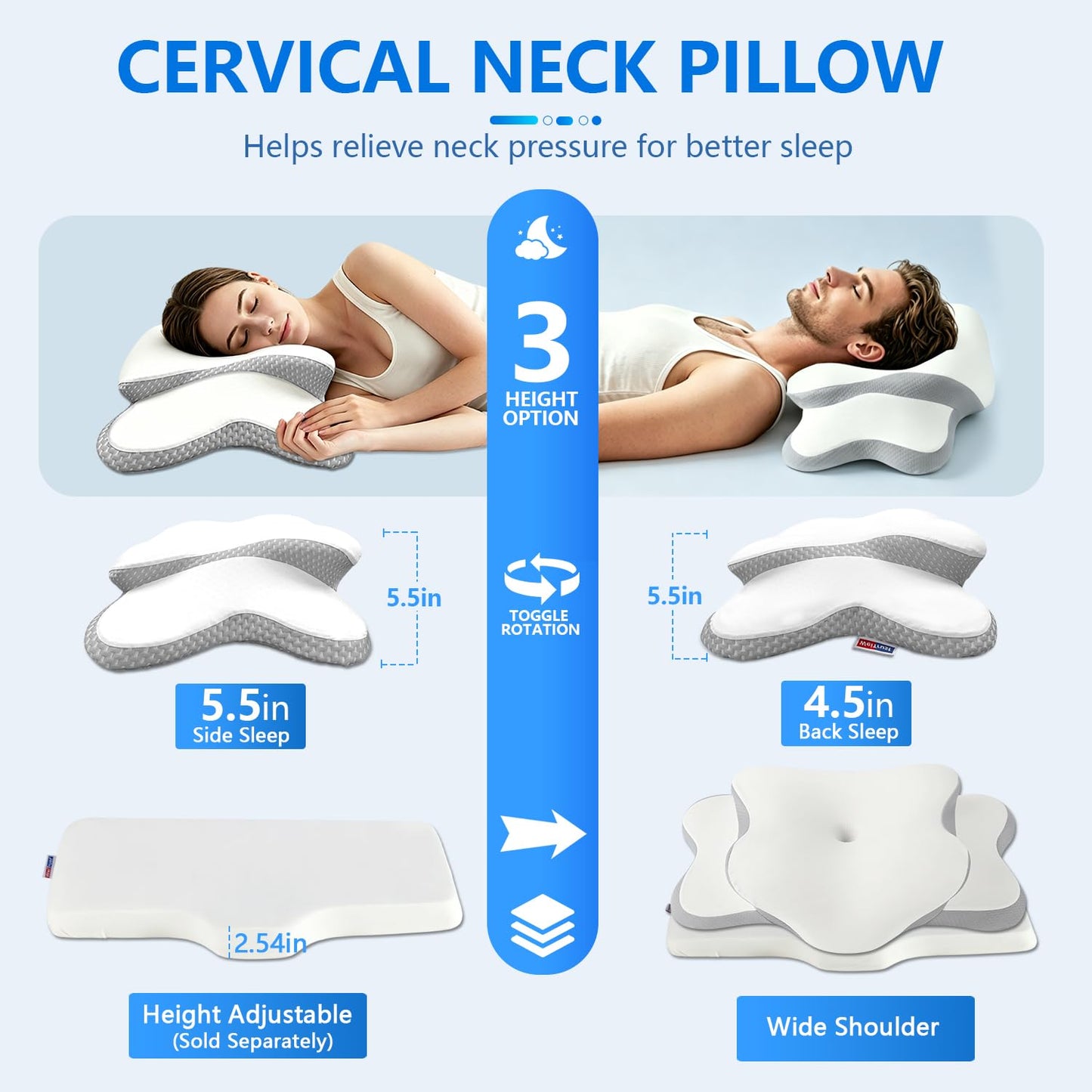 Cervical Neck Pillow for Neck Pain Relief & Side Sleeper | Ergonomic Pillow for Sleep Apnea, Neck Pain, and Snoring Relief | Orthopedic Memory Foam with Ergonomic Neck Support, White, Standard