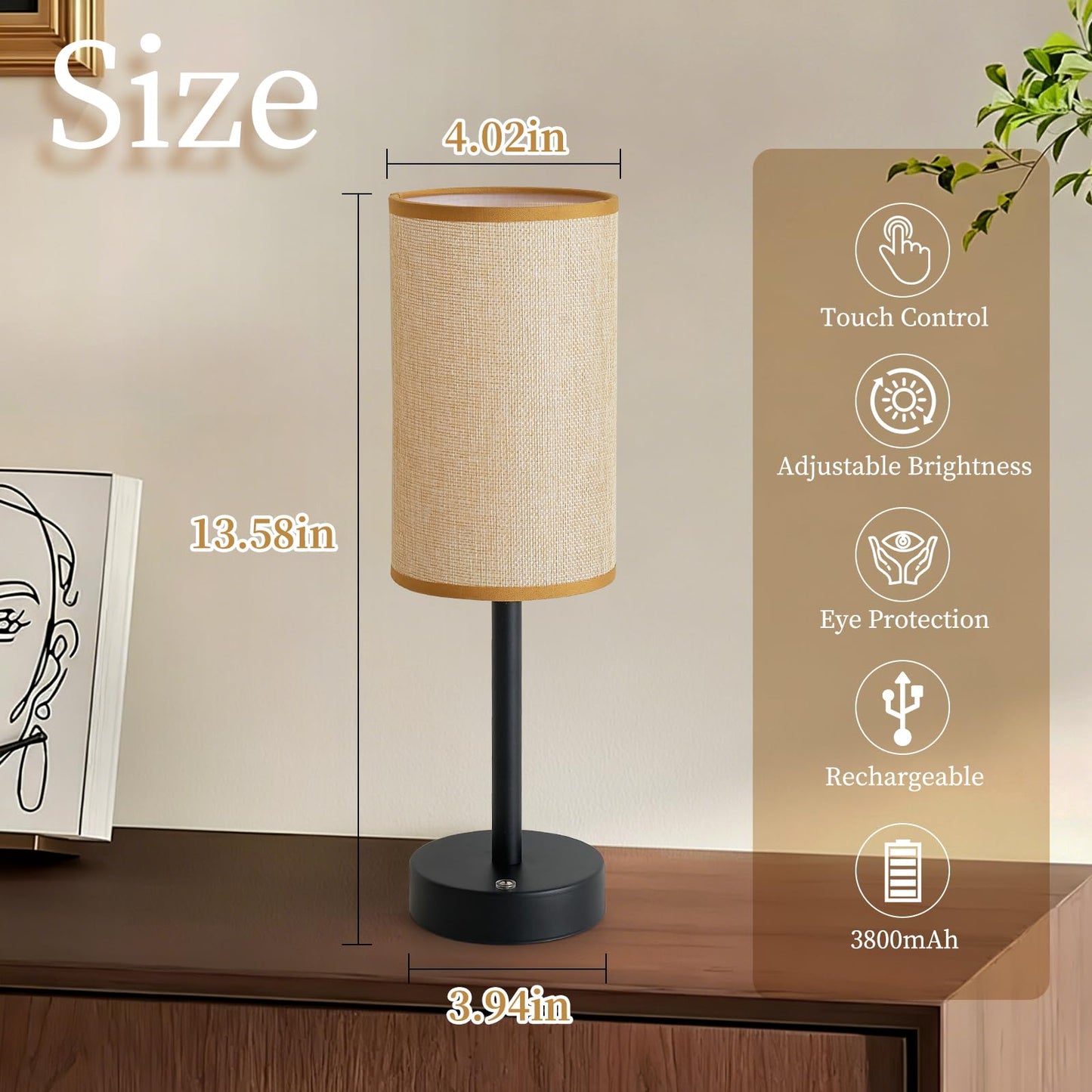 XPEHK Bedside Table Lamps for Bedroom,Small Cordless Table Lamp with LED,Minimalist Nightstand Lamp Rechargeable Battery Operated Desk Light for Living Room,Restaurant,Home(1 Pack)