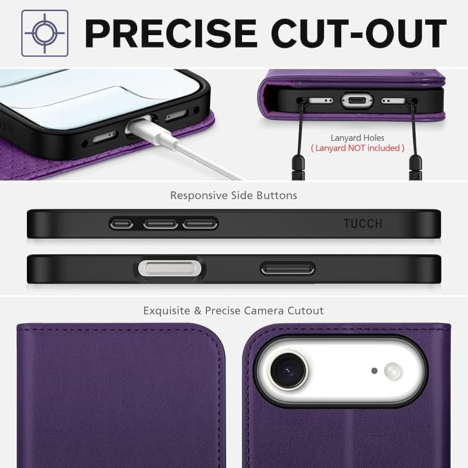 TUCCH Wallet Case for iPhone Air (6.5") 2025, 3 Credit Card Slot | RFID Blocking | Stand | PU Leather | Protective Flip Folio Cover | Shockproof TPU Interior Shell | Dark Purple
