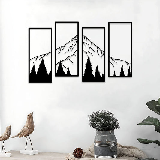 ruelen 4 Pcs Metal Mountain and Forest Wall Decorations, Minimalist Line Drawing Masculine Mountain Wall Art, Rustic Nature Hanging Wall Sculpture for Men Bedroom, Man Cave, Bachelor Pad, Office & Living Room Home Decor