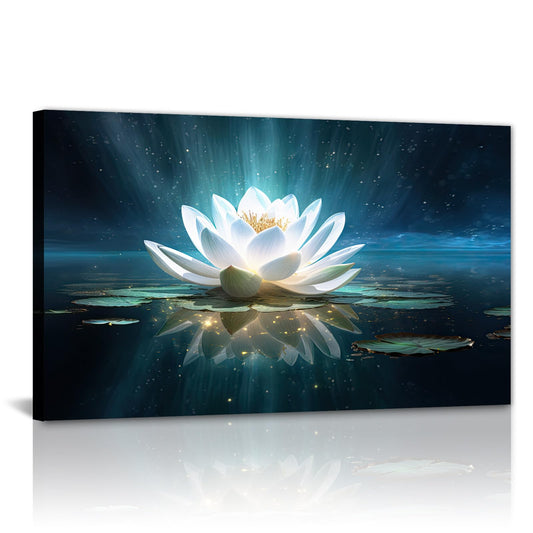Zen Canvas Wall Art Glowing White Lotus Flower Picture Print Calming Spiritual Botanical Paintings for Living Room Bedroom Bathroom Decor(Artwork-5,12"x18")