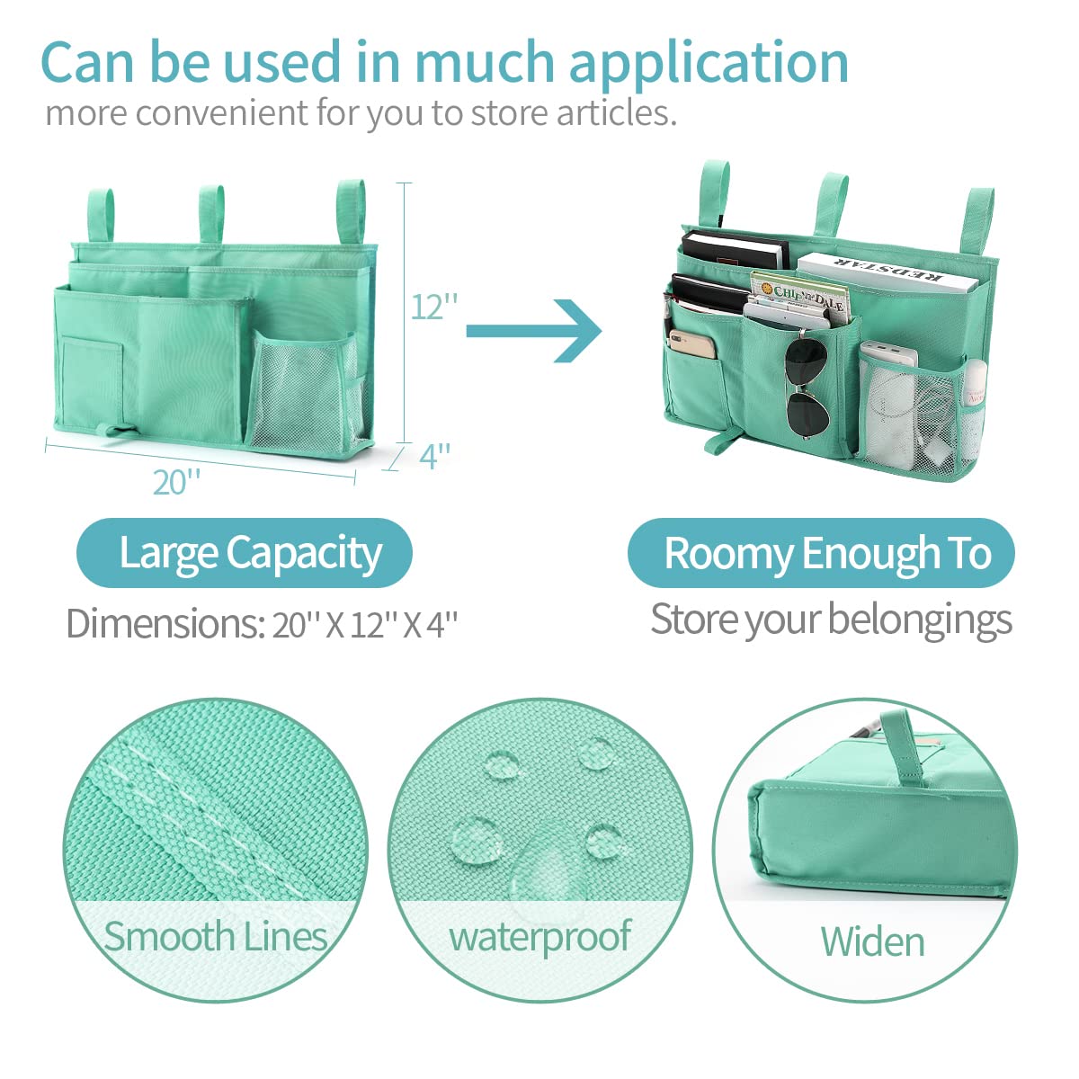Bseash Bunk Bed Organizer, Bedside Caddy Hanging Bed Organizer Storage Bag 8 Pockets, for College Dorm Rooms Bed, Hospital Bed, Baby Bed Rails, 600D Oxford Cloth (Light Green)