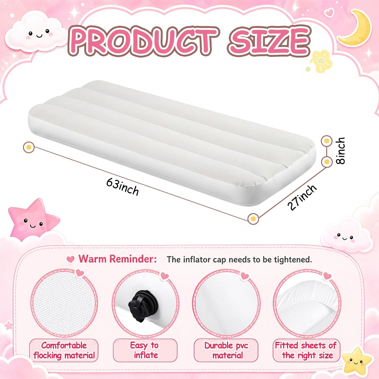 Windyun 4 Pack Kids Air Mattress Set, 63 x 27 x 8 Inch Toddler Blow Up Mattress with Washable Blankets, Sheets and Trays, Inflatable Travel Bed for Kids Ages 3-10, Sleepover Party Supplies, Pink White