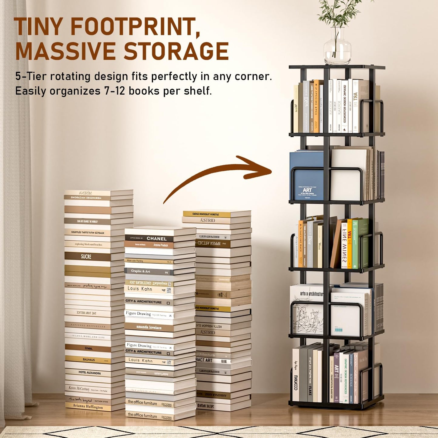 5-Tier Rotating Bookshelf, 360° Spinning Corner Bookcase with Metal Guardrails, Freestanding Industrial Book Shelf Tower, Space Saving Display Rack for Living Room, Bedroom, Home Office, Rustic Brown