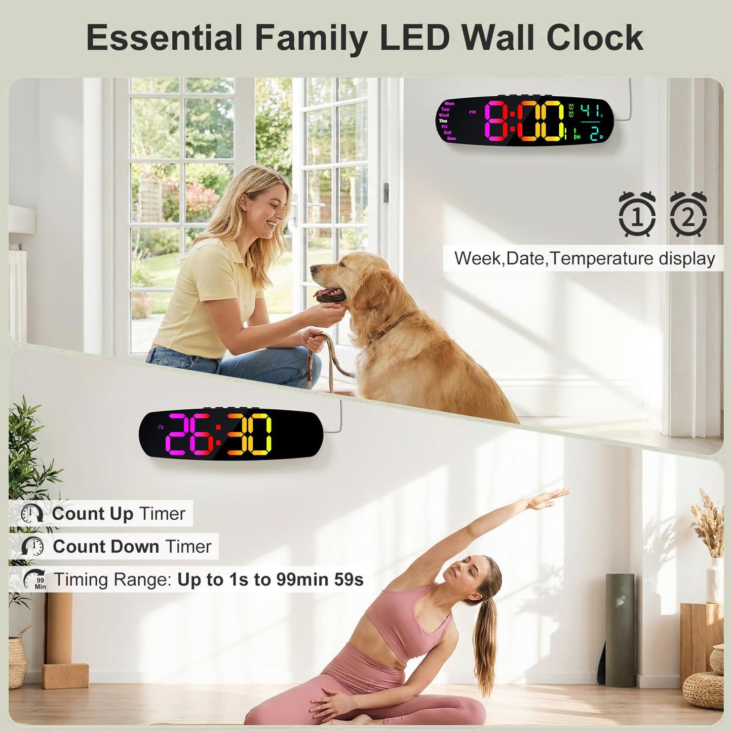 ANALOI Large Digital Wall Clock,14.4 inch Large Display Digital Clock with Auto Dimming, Temperature and Date, Remote Control, Night Light,DST, Alarm for Classroom/Gym/Bedroom