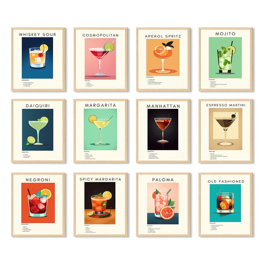 Retro Cocktail Poster Bar Wall Art, Classic Cocktail Wall Decor Set of 12 Vibrant Colorful Preppy Alcohol Prints, Minimalist Alcohol Pictures for College Apartment Wall Decor (8x10 Inches Unframed)