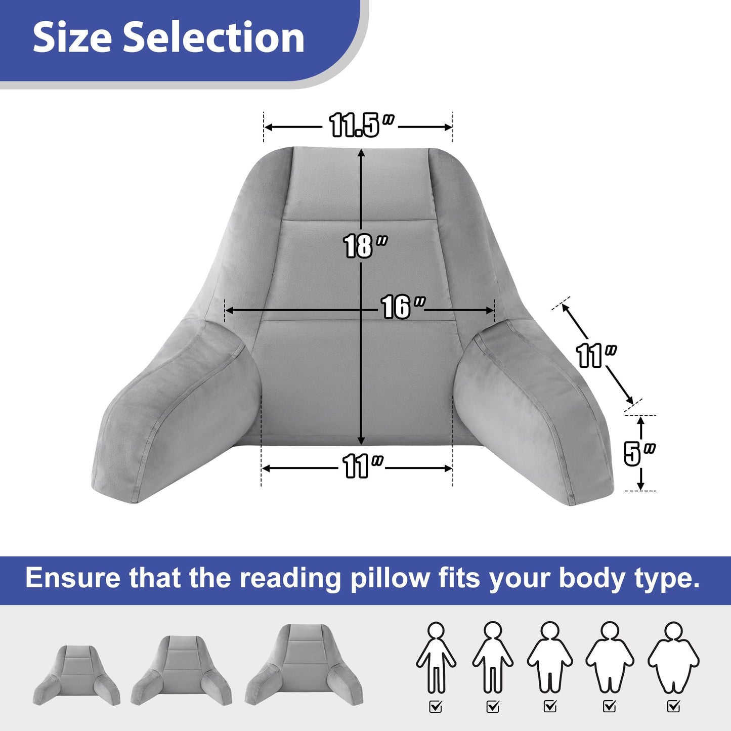 IASEAHK Back Pillow for Bed Sitting Up, Reading Pillows for Beds, Bed Pillow for Sitting up, Backrest Pillows with Arms for Adult, Filled with Shredded Memory Foam for Beds, Couch, Floor, Light Grey