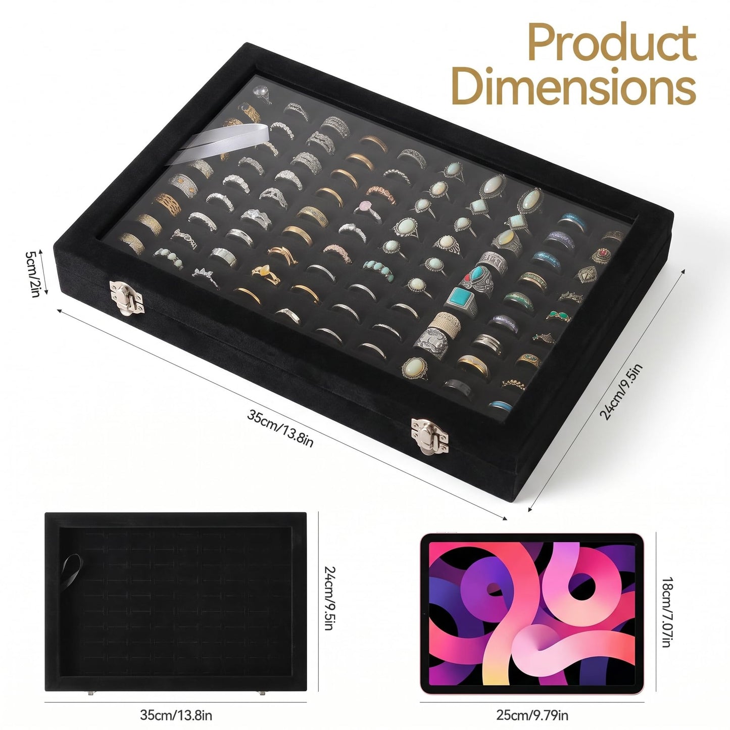 Frebeauty Ring Organizer Tray 100 Slots Ring Holder with Clear Lid Velvet Storage Box Jewelry Tray for Jewelry Store Earring Display Case for Jewelry Show Studs Box for Women(Black)
