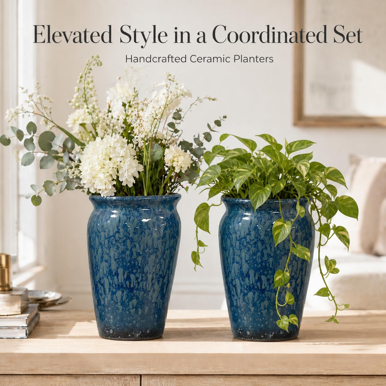 WildCorner Set of 2 8 Inch Ceramic Plant Pots with Drainage Holes, Reactive Glaze Planters for Indoor Plants, Decorative Flower Pots for Covered Outdoor Patio, Boho Housewarming Gift, Blue
