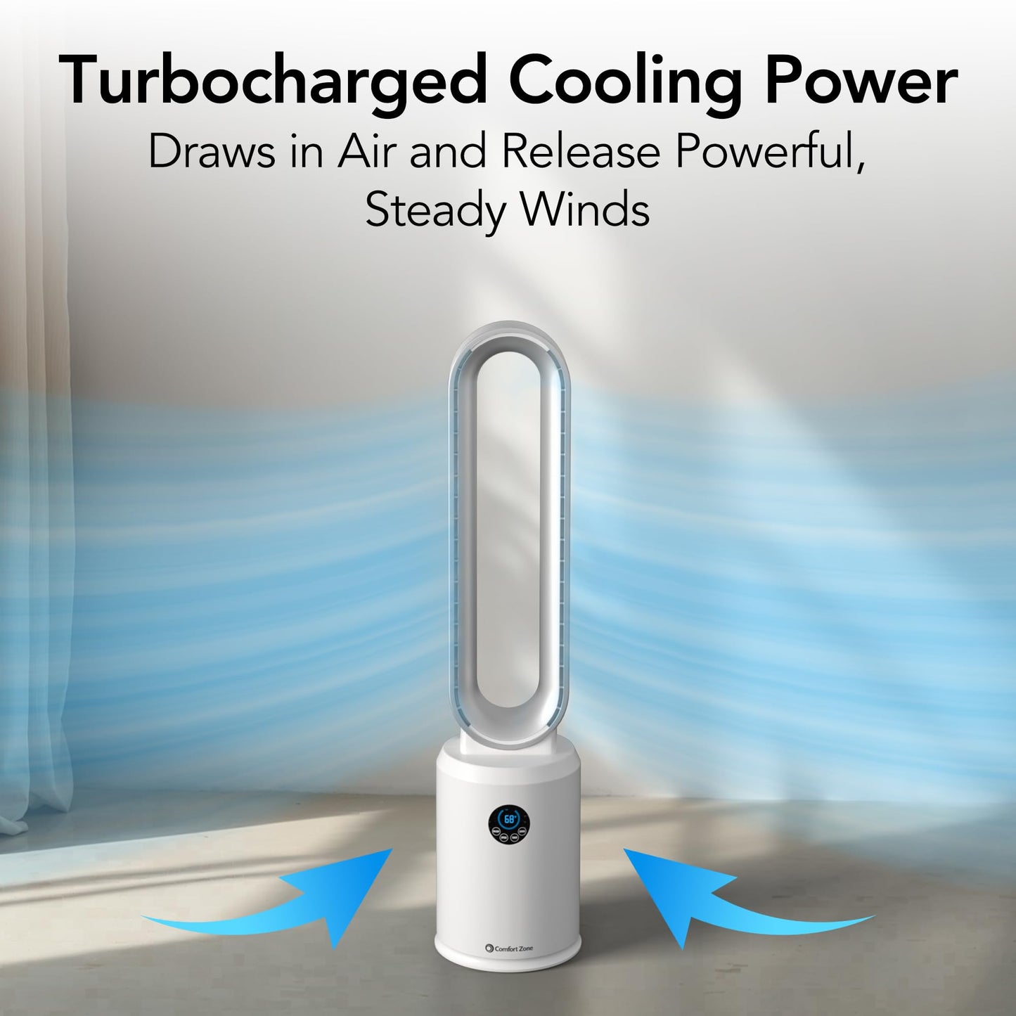 Comfort Zone 40-Inch Bladeless Tower Fan for Bedroom – Quiet Standing Fan with Remote Control, 9H Timer & Wide Area Oscillation – Turbocharged Airflow & Digital LED Display – White/Silver