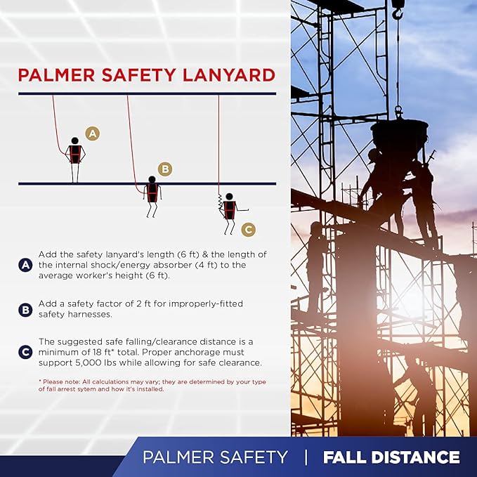 Palmer Safety L122233 6 FT Double Legs Safety Lanyard Internal Shock Absorber w/Dual Pelican Rebars I OSHA/ANSI Compliant Restraint Lanyards I Ideal Use for Arborist, Roofer & Construction Workers