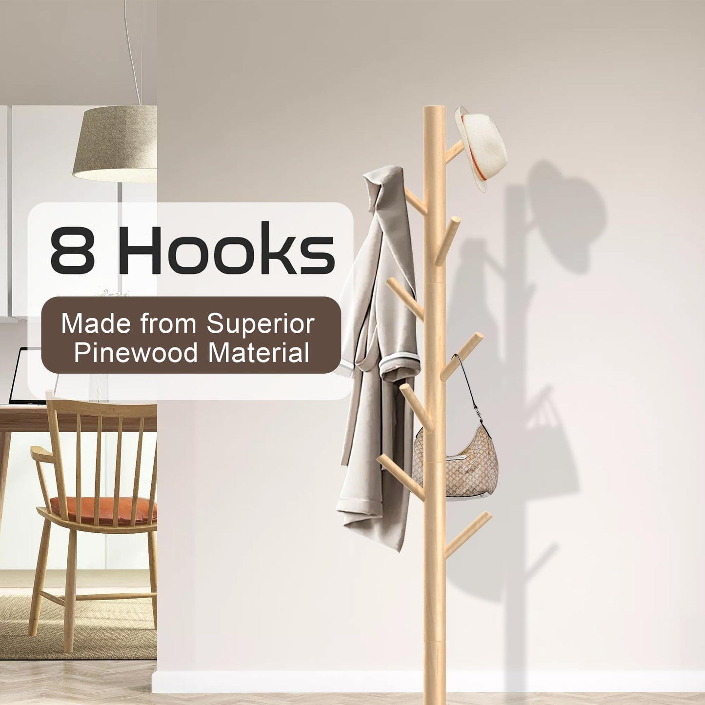 Aliphon Wooden Coat Rack Stand, Freestanding Coat Rack with 8 Hooks, 3 Adjustable Size Coat Tree for Hats, Coats, Scarves bags, Coat Hanger Stand Used in Bedroom/Office/Entryway (Natural)