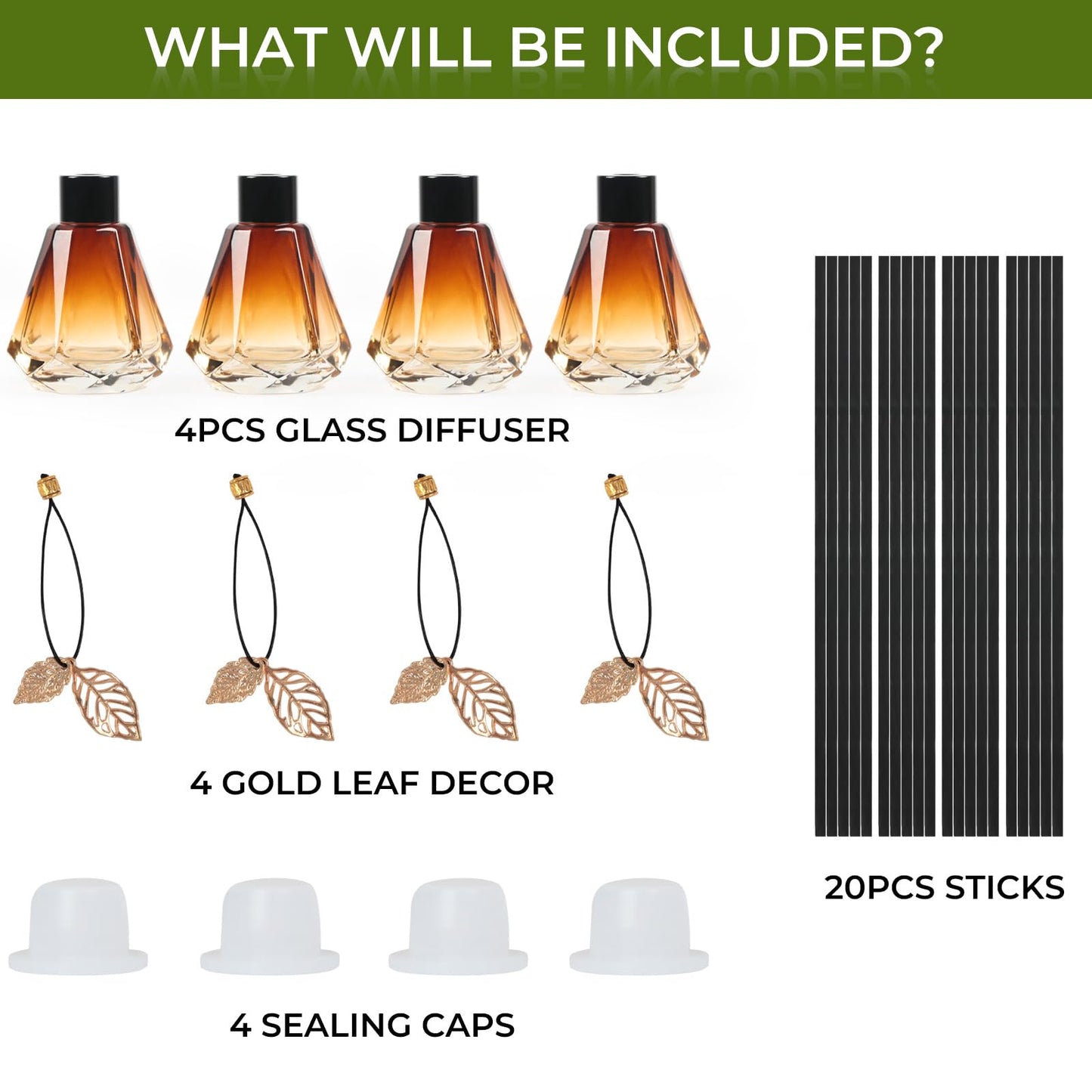 Reed Diffuser Set - 4 Empty Bottles with 20 Sticks, Delicate Gold Leaf Decor, Glass Fragrance Diffuser with Lids for Home, Bathroom | Refillable, Diamond Style (4 PCS Black)