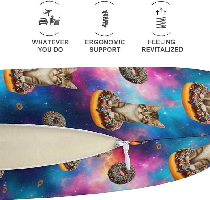 Comfortable Memory Foam Travel Neck Pillow Space Doughnut Donut Cats, Washable Removable Cover, Chin Head Support for Airplane Car Office Pain Relief Sleeping