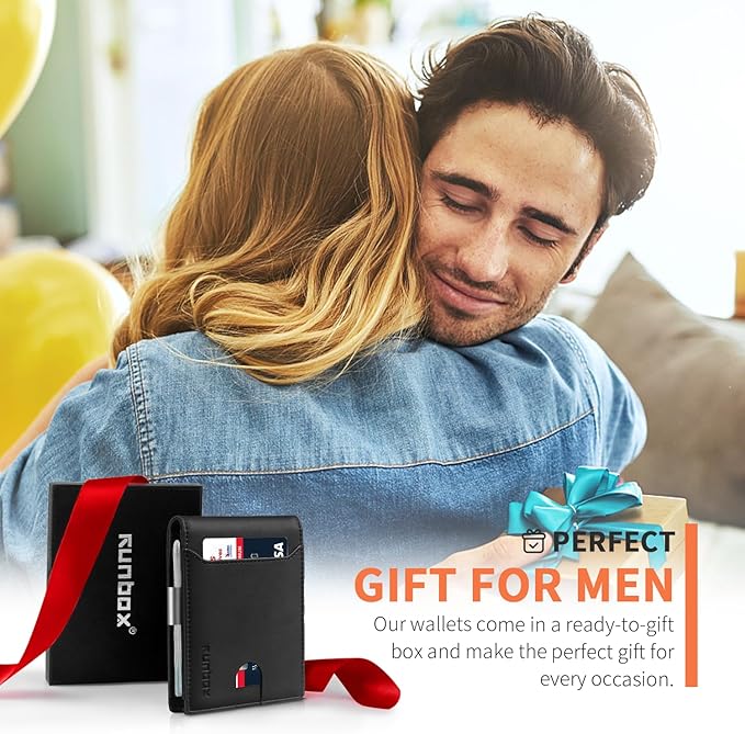 RUNBOX Slim Wallets for Men - Leather Money Clip Mens Wallet - RFID Blocking Front Pocket Bifold Wallet - Thin Credit Card Holder with Gift Box