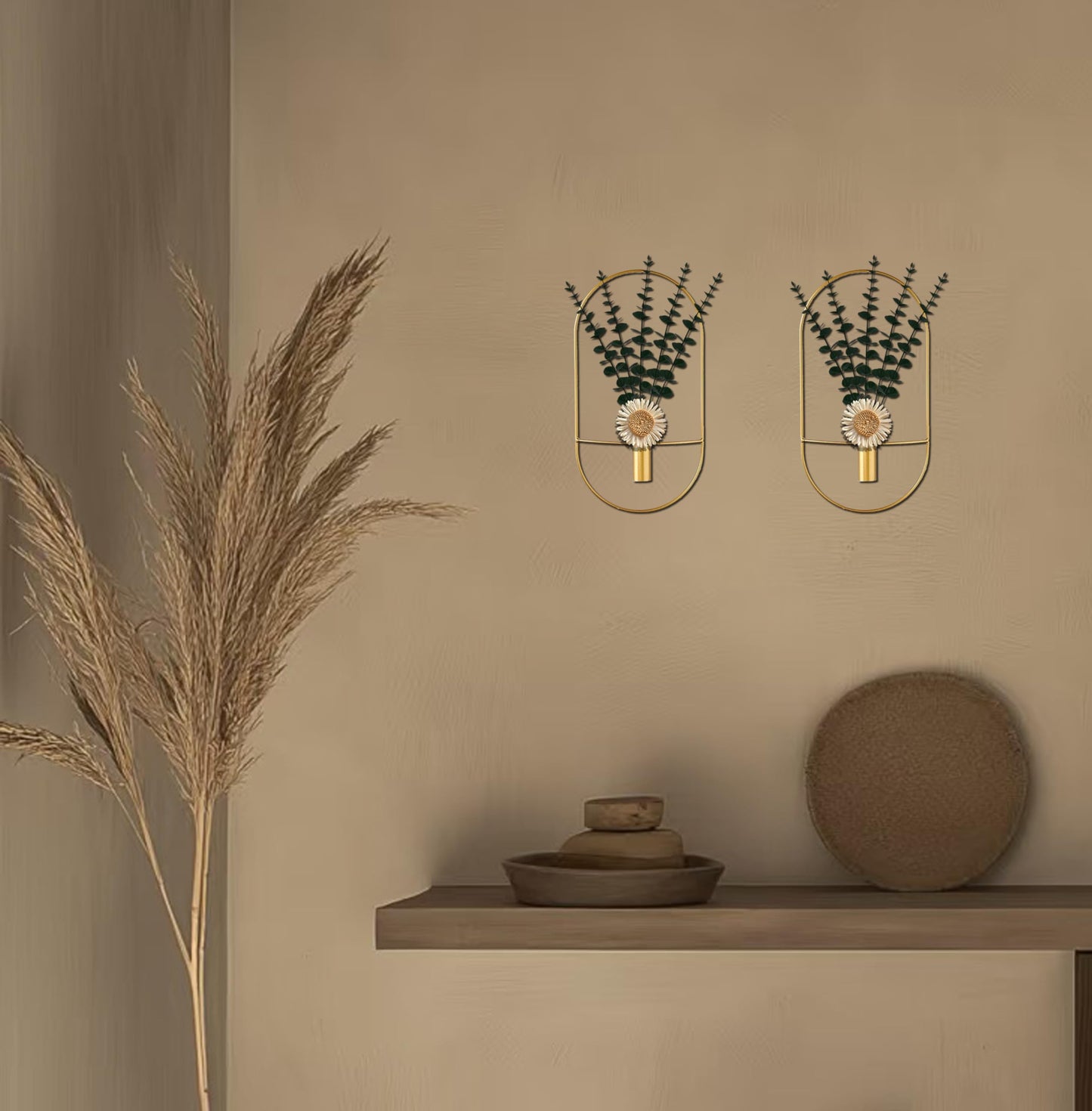 2 Pack Gold Metal Plants Wall Hanging Decor, Metal Hanging Vase for Living Room, Bedroom, Bathroom, Dining Room, Wall-Mounted Plant Decor with Artificial Plants