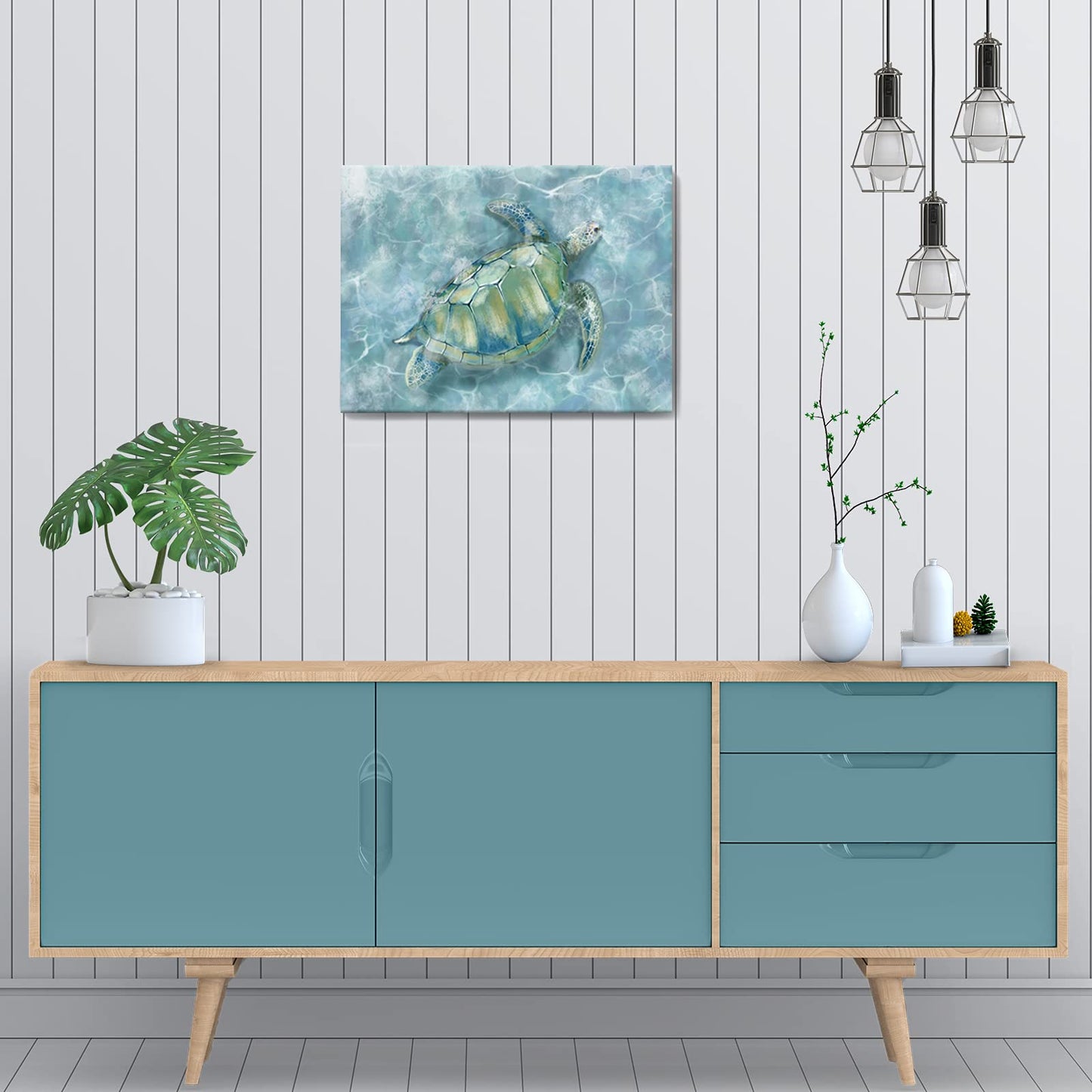 YJYart Bathroom Wall Decor Canvas Wall Art for Bedroom Sea Turtle Pictures Blue Coastal Room Decorations Artwork Green Turtle Wall Decorations 16” x 24”