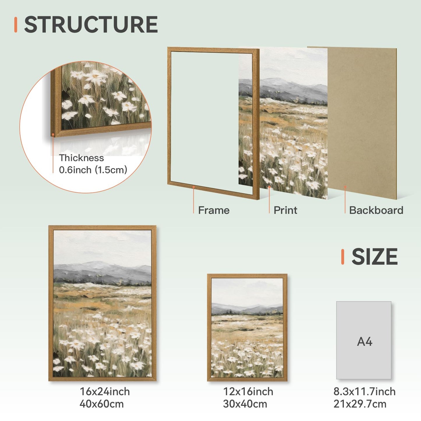 CAZLOUC White Wildflowers Wall Art Set of 3, Neutral Meadow Landscape Wall Decor, Minimalist Mountain Canvas Prints, Beige Rustic Field Paintings for Living Room Bedroom Wood Framed 12x16 Inch