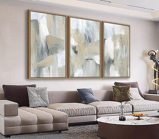 Large Framed Abstract Wall Art for Living Room Decor, Beige, 24X36inX3pcs, Neutral Abstract Painting Artwork Wall Picture, Modern Wabi-sabi Canvas Art Prints for Bedroom Bathroom Office Home