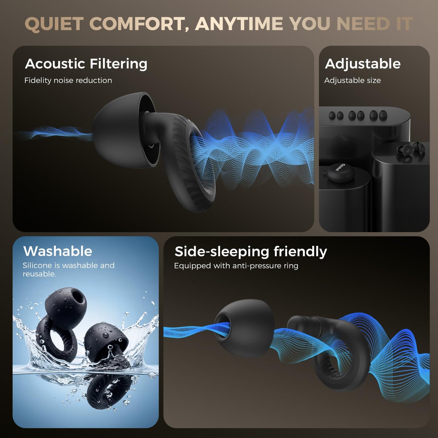 IFNTRT Black 28dB Sleep Ear Plugs for Side Sleepers – Soft Silicone Reusable Washable Earplugs – Noise Reduction for Snoring, Travel & Focus – 4 Sizes