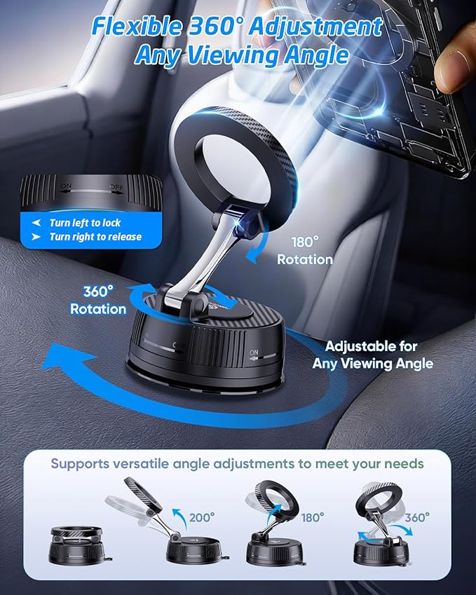 WixGear for MagSafe Car Mount - 78+LBs Suction Cup Phone Holder - 360° Adjustable Magnetic Cell Stand for iPhone 17 16 15 14 13 12 Pro Max - Dashboard Compatible Vehicle Accessory - Carbon Fiber