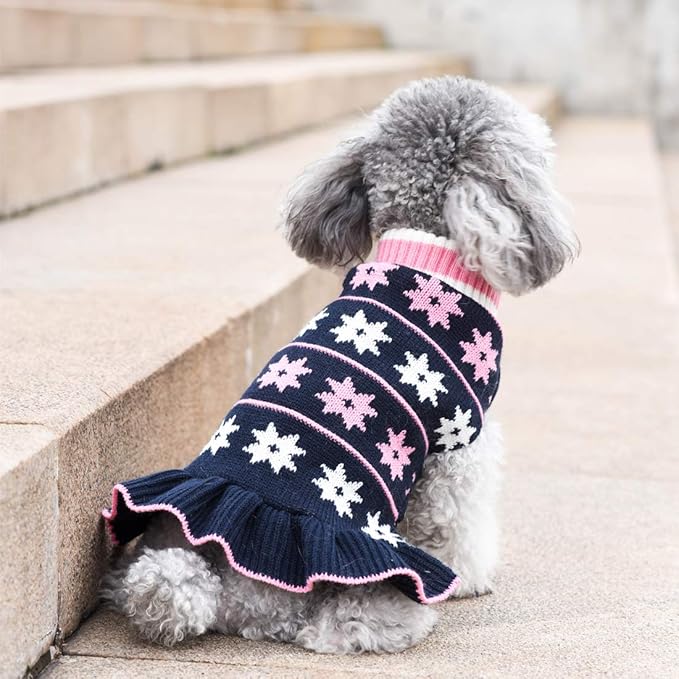 KYEESE Dog Sweater Fall Winter for Girl Dog Clothes Warm Pet Coats Dogs Sweater Dress with Snowflake Pattern Knit Turtleneck Pullover with Leash Hole for Small Dogs, Girl Navyblue, X-Large