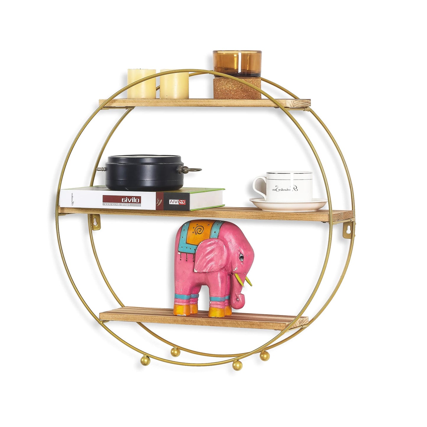Joveco Round Wall Shelf Gold, 3 Tier Metal & Wood Circle Shelf Set, Round Shelves Wall Decor for Living Room,Bedroom,Bathroom (Gold)