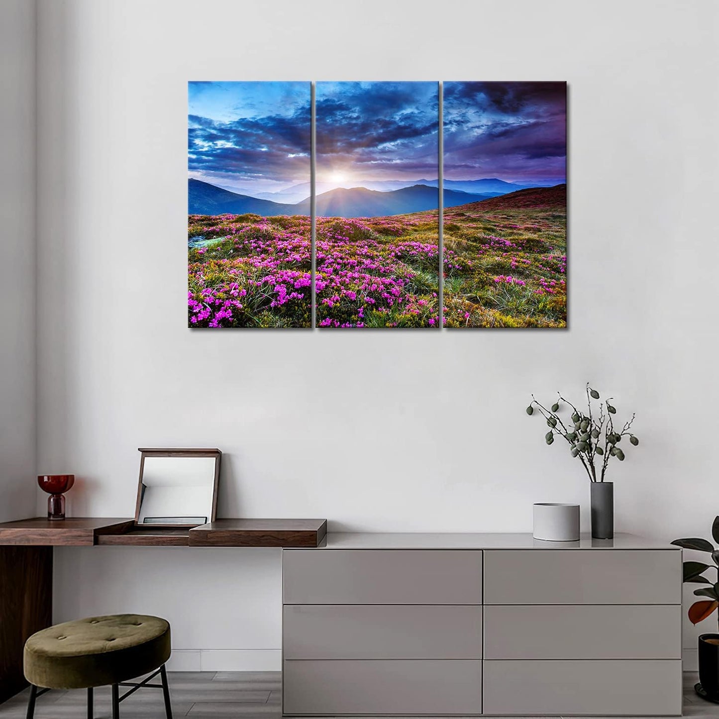 3 Panel Wall Art Mountain Landscape Spring Canvas Sunrise Blue Skyline Purple Flowers Picture Print On Canvas Art for Living Room Kitchen Home Decor