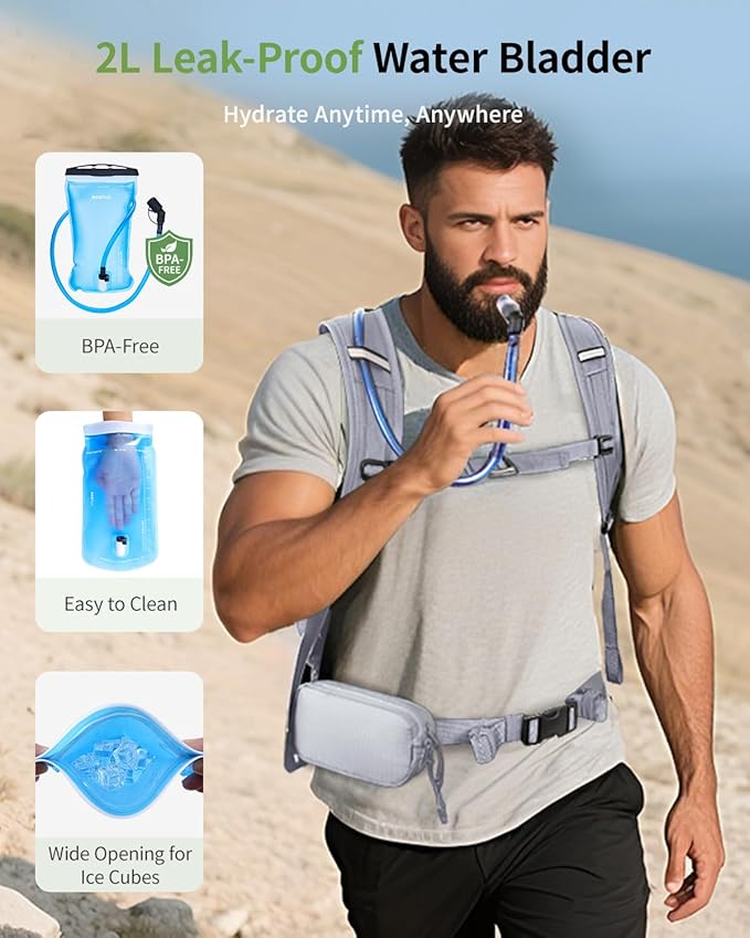 ECOHUB Hydration Backpack for Men Women, 20L Lightweight Hiking Daypack Cycling Backpack with 2L Water Bladder, Insulated Hydration Pack with Waist Pack