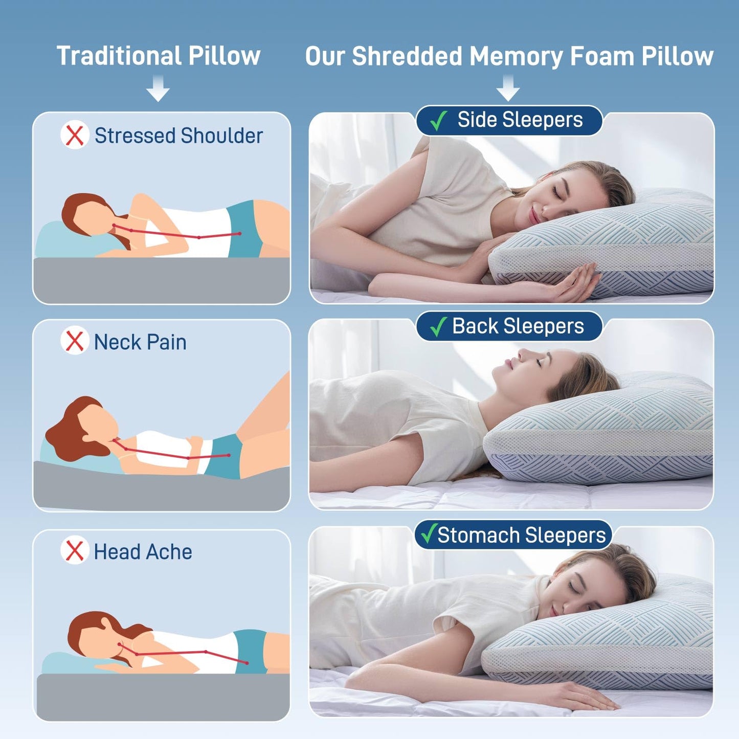 Alkyonos Shredded Memory Foam Cooling Soft Bamboo Viscose Pillow Queen Size, Adjustable Hypoallergenic Hotel Quality Pillow for Stomach, Back and Side Sleeper, Oeko-TEX Certified