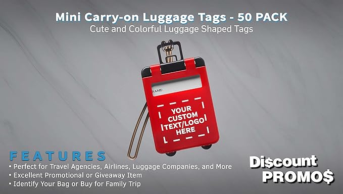 50 Mini Carry-on Luggage Tags Pack - Customizable Text, Logo - Flip Open Cover, ID Sticker - Red