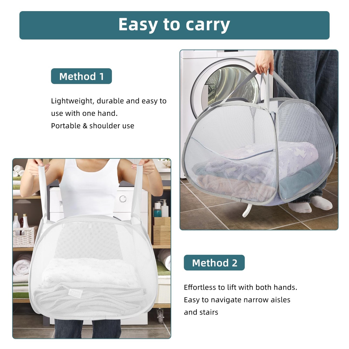 2 Pack Collapsible Laundry Baskets, 90L Large Foldable Laundry Basket, Durable Mesh Pop Up Hampers for Laundry, Dirty Clothes Laundry Hamper for Bedroom, Bathroom, Dorm, Laundry Room, Travel White