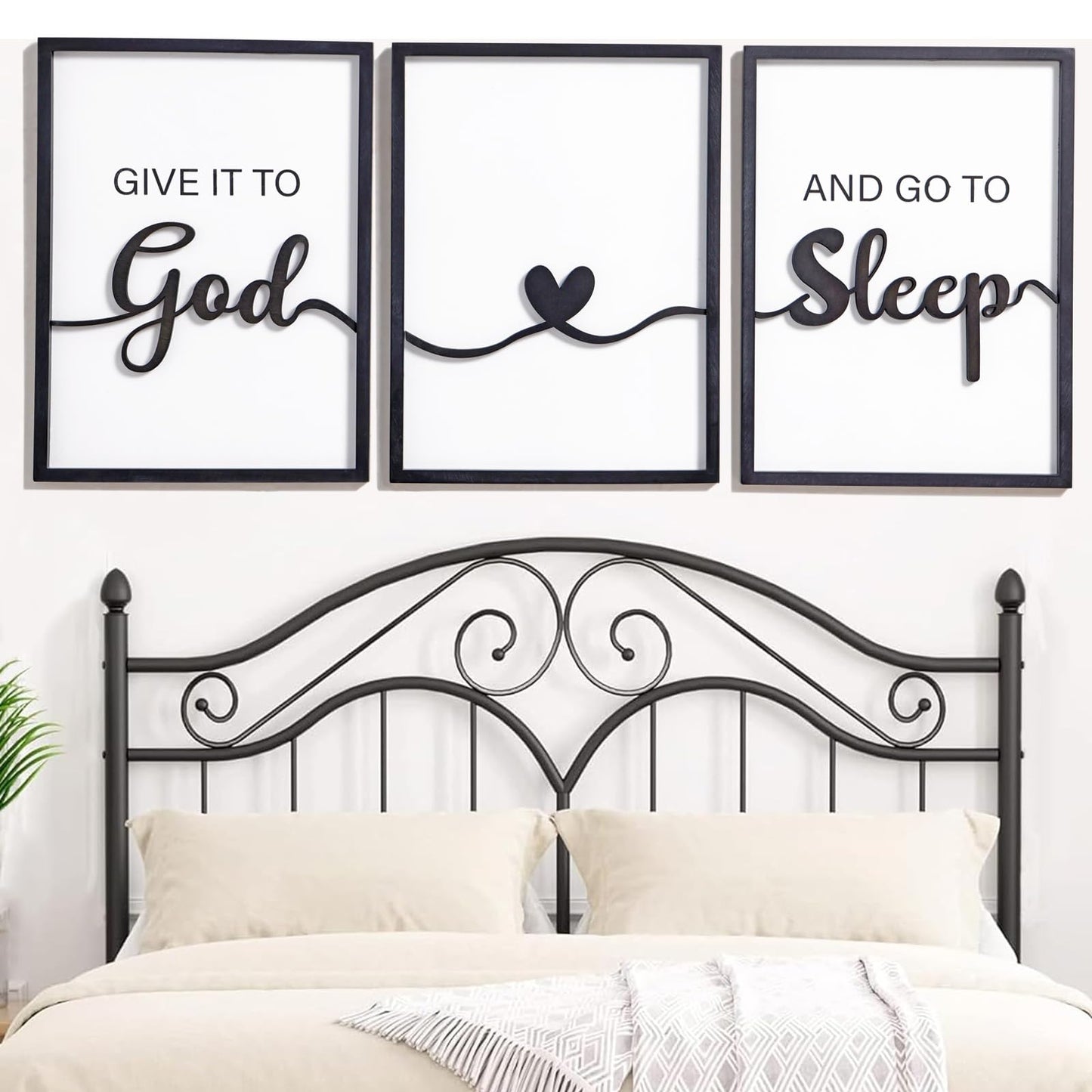 3D Wood Give it to God and Go to Sleep Signs 36x16”, Above Bed Wall Decors, Black And White 3D Bedroom Wall Art (12x16 inches, Set of 3, Framed)