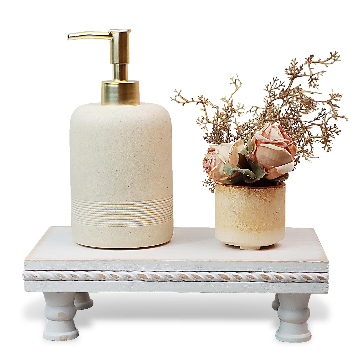 SAOCAIHUL Wood Tray Pedestal Stand, Waterproof Bathroom Counter Organizer, Modern Farmhouse Riser for Soap/Candle/Sponge White Middle