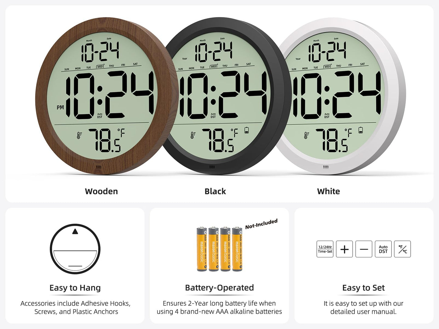 Digital Wall Clock Battery-Operated, 8 Inch Small Decorative Modern Wall Clock with Date, Temperature, Auto-DST, Silent Electric Wall Clock for Bedroom, Living Room, Kitchen, Office, Farmhouse -Black