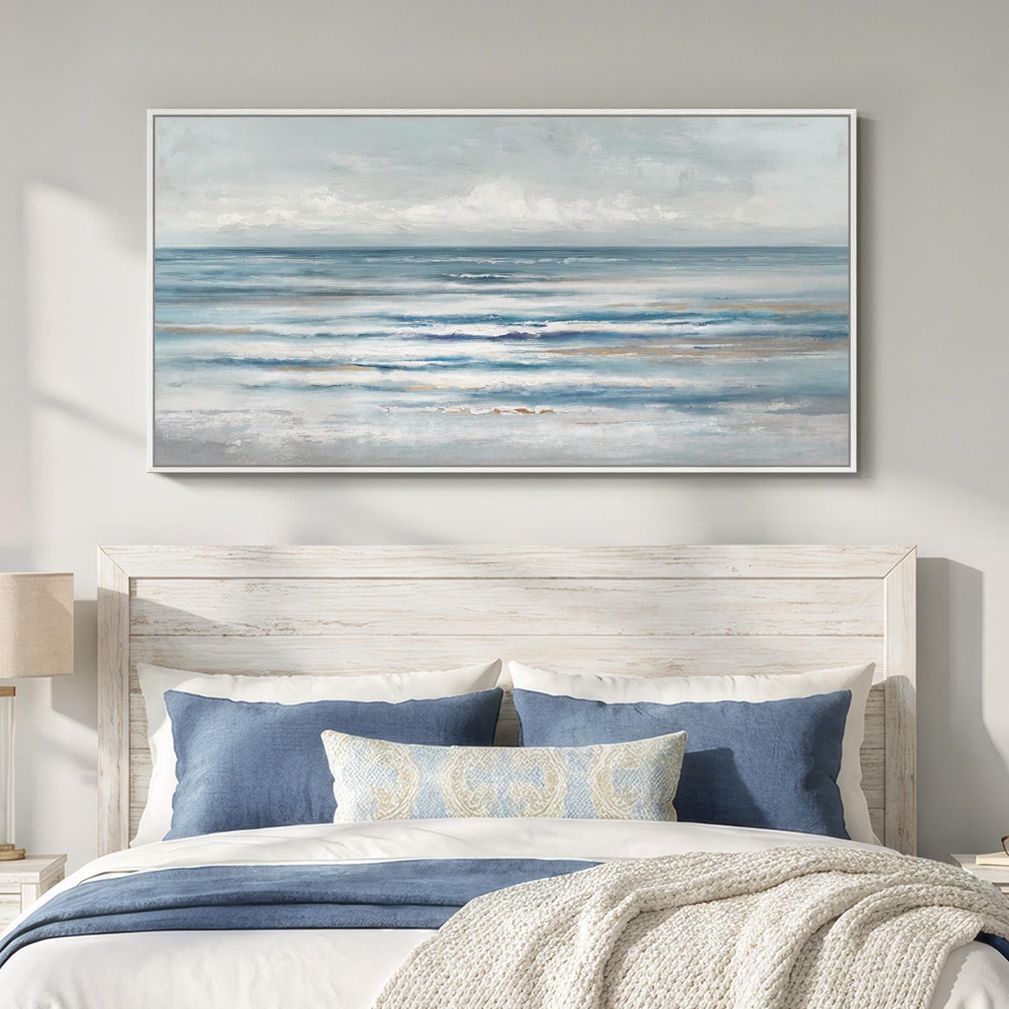 Large Framed Coastal Abstract Landscape Wall Art for Living Room, Horizontal Beach Wave Scenic Canvas Artwork for Walls, Ocean Seascape Picture Print for Dining Room Bedroom Office Wall Decor, 60x30 in