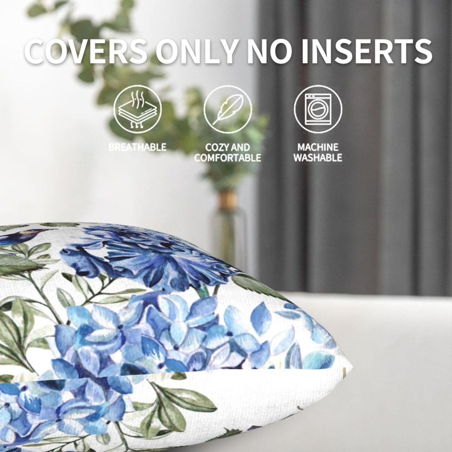 Coshatsu Blue and White Floral Pillow Covers 18x18 Set of 2, Spring Hydrangea Hibiscus Flowers Throw Pillow Covers Square Decorative Pillow Case for Couch Bed Sofa Cushion Home Decor