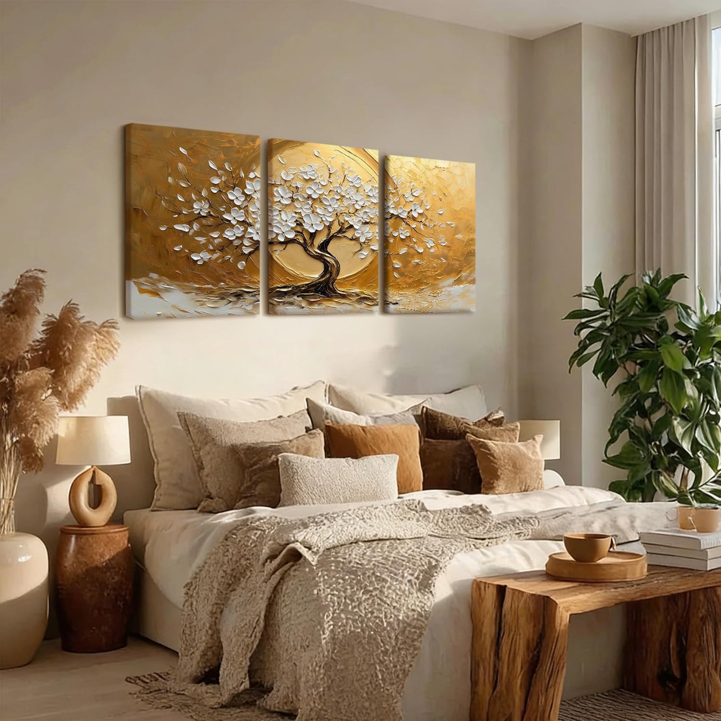 RZIGERNO 3 Pcs Tree of Life Canvas Wall Art Gold White Floral Poster Printing Lucky Tree Money Tree Framed Painting Artwork 16x24 Inch Modern Abstract Wall Decor for Living Room Bedroom Office