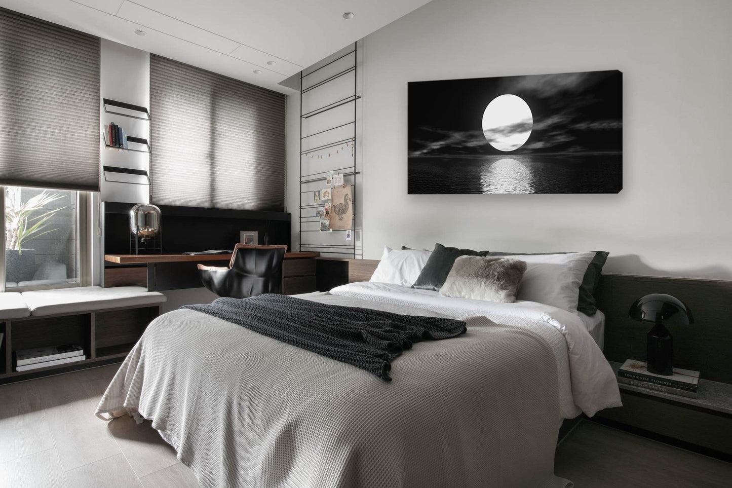 Cao Gen Decor Art S06450 Wall Art Canvas Sea White Full Moon in Night Picture Canvas Poster Print Black and White Ocean for Living Room Bedroom Kitchen Home Decorations Framed Artwork