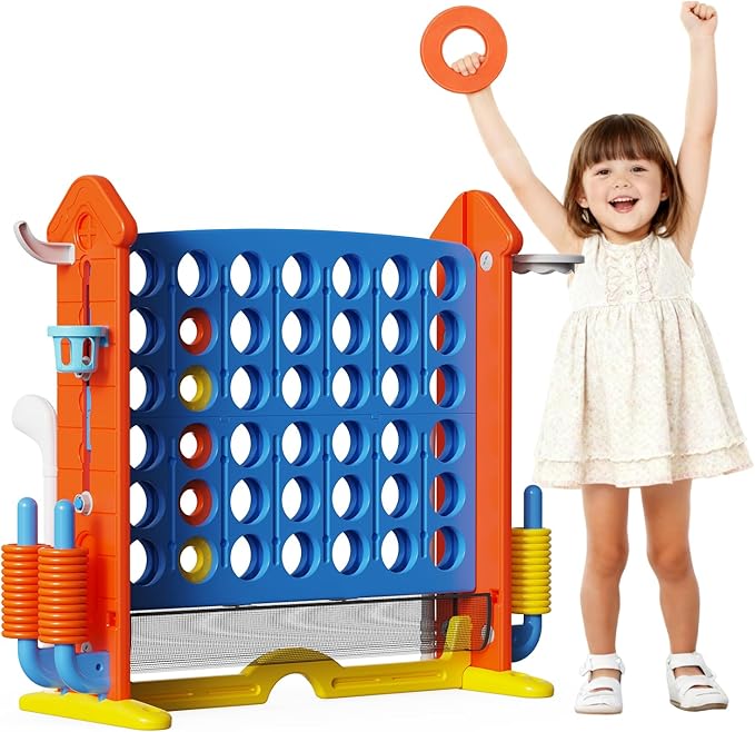 Giant Connect Game - Jumbo 4-to-Score Giant Set with 42 Jumbo Rings,Row Board Game 4 - Connect with Basketball Hoop, Perfect for Kids, Family and Party Floor Games