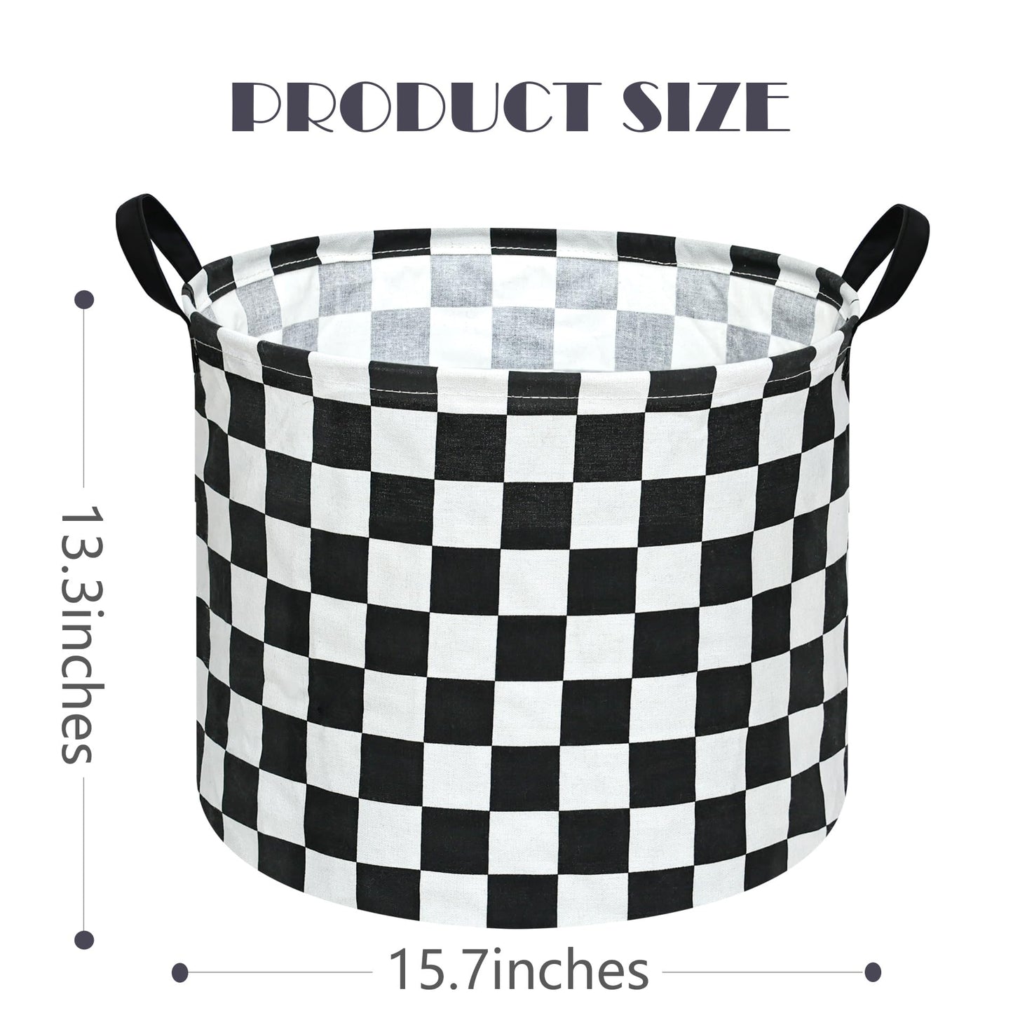 3 Pack Checkered Storage Baskets with Leather Handles, Foldable Fabric Toy Storage Bins with Waterproof Lining, Large Round Laundry Hamper for Kids Room, Nursery, Bedroom, Playroom Organization