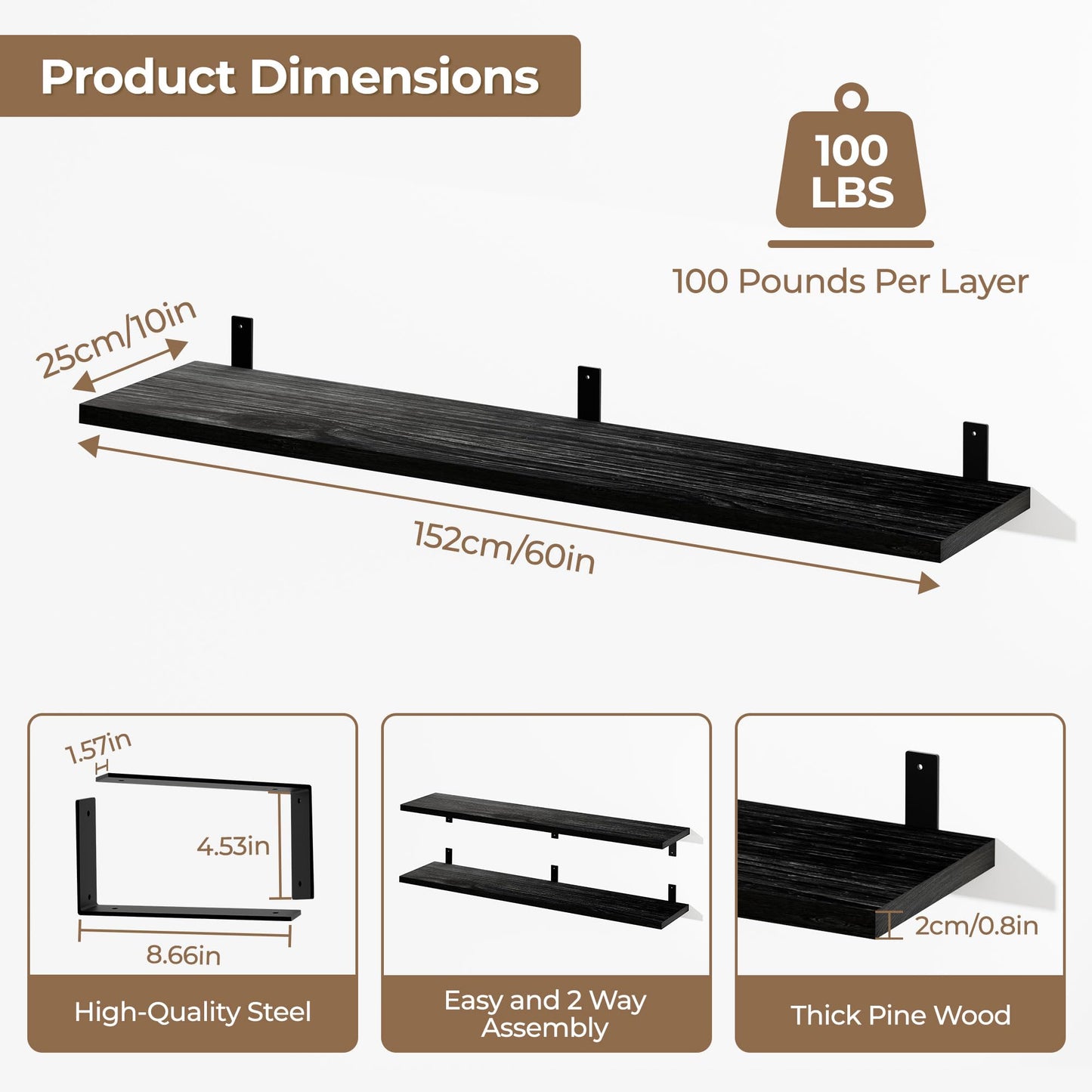 ONOTETUT 10x60 Inch Black Floating Shelves for Wall,2-Pack Rustic Long Floating Bookshelf,5ft Solid Wood Large Wall Shelves for Laundry Room (Black)