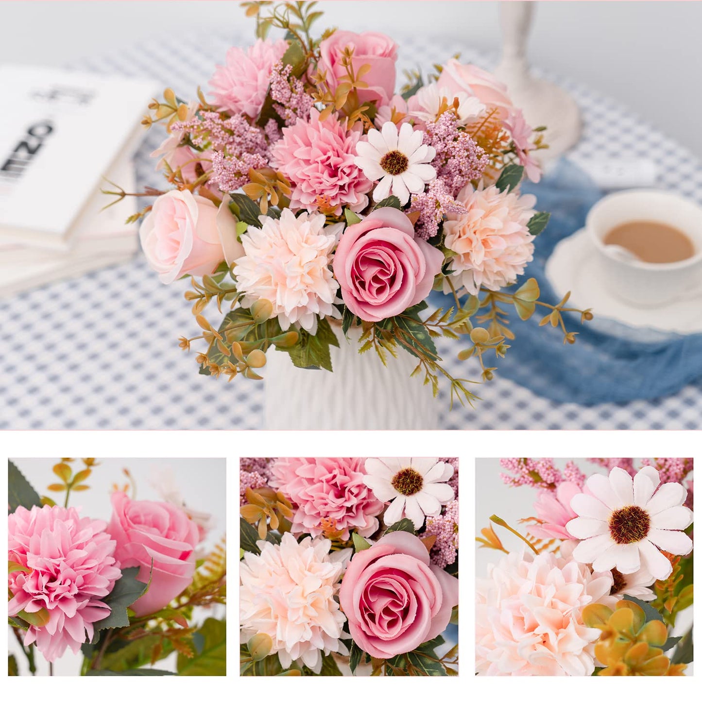 Epicpetal Fake Flowers in Vase, Artificial Pink Flowers in Vase for Decoration Faux Flowers Fake Floral for Home Decor Indoor Dining Table Centerpiece (Pink)