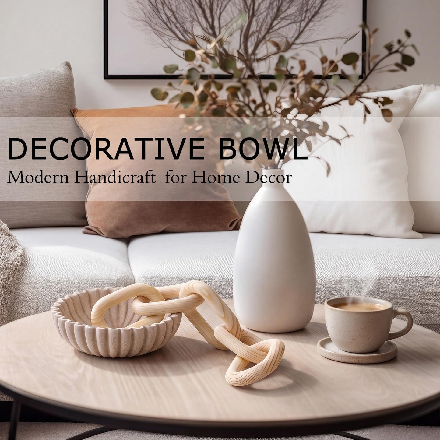 Yiyiring Large Decorative Bowl and Wood Chain Link Set Modern Handicraft Bowl Ruffle Decoration for Farmhouse Home Decor Modern Kitchen Counter Stylish Key Fruit Bowls Entry Table Housewarming Gift