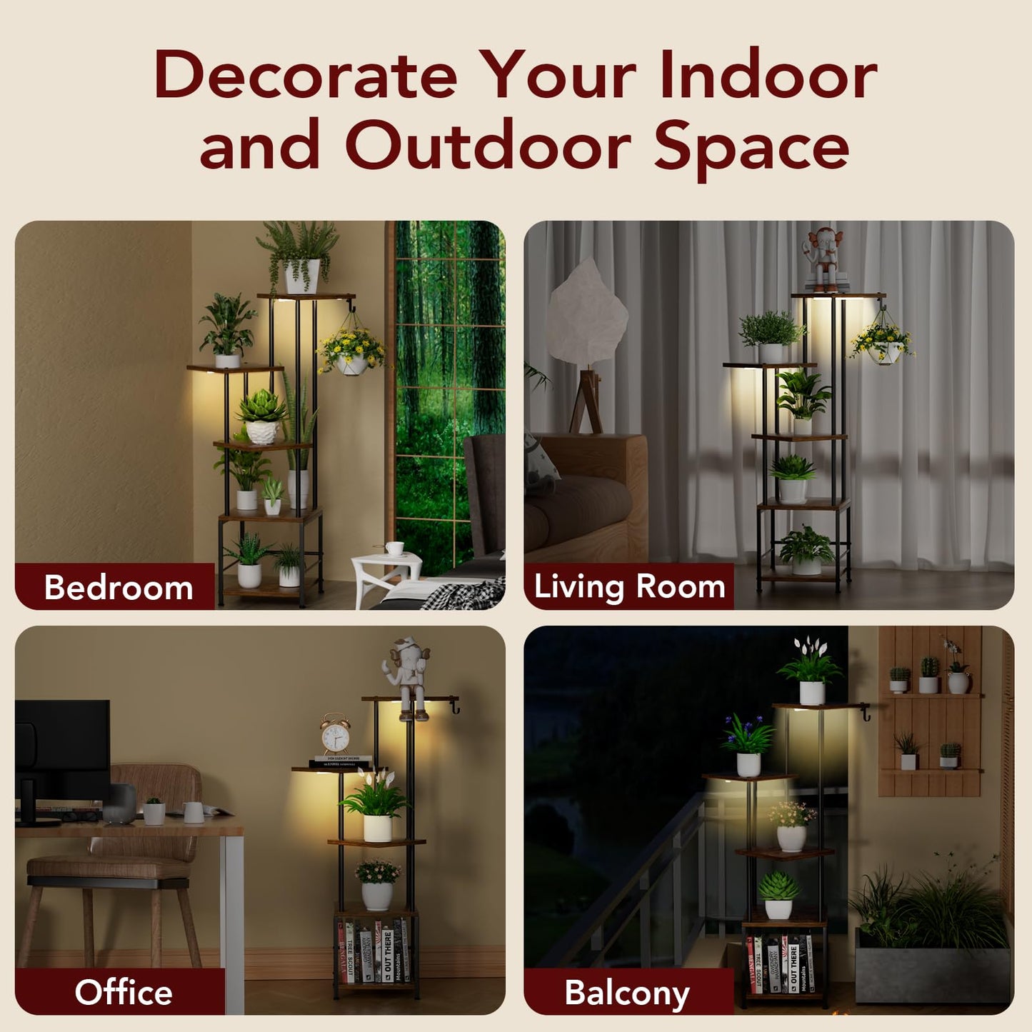 Homsorout Plant Stand Indoor with Grow Light - 5-Tier Metal Plant Shelf with Hanging Basket Hook, Corner Tall Flower Holder for Multiple Plants, Living Room Balcony Garden Patio, Rustic Brown