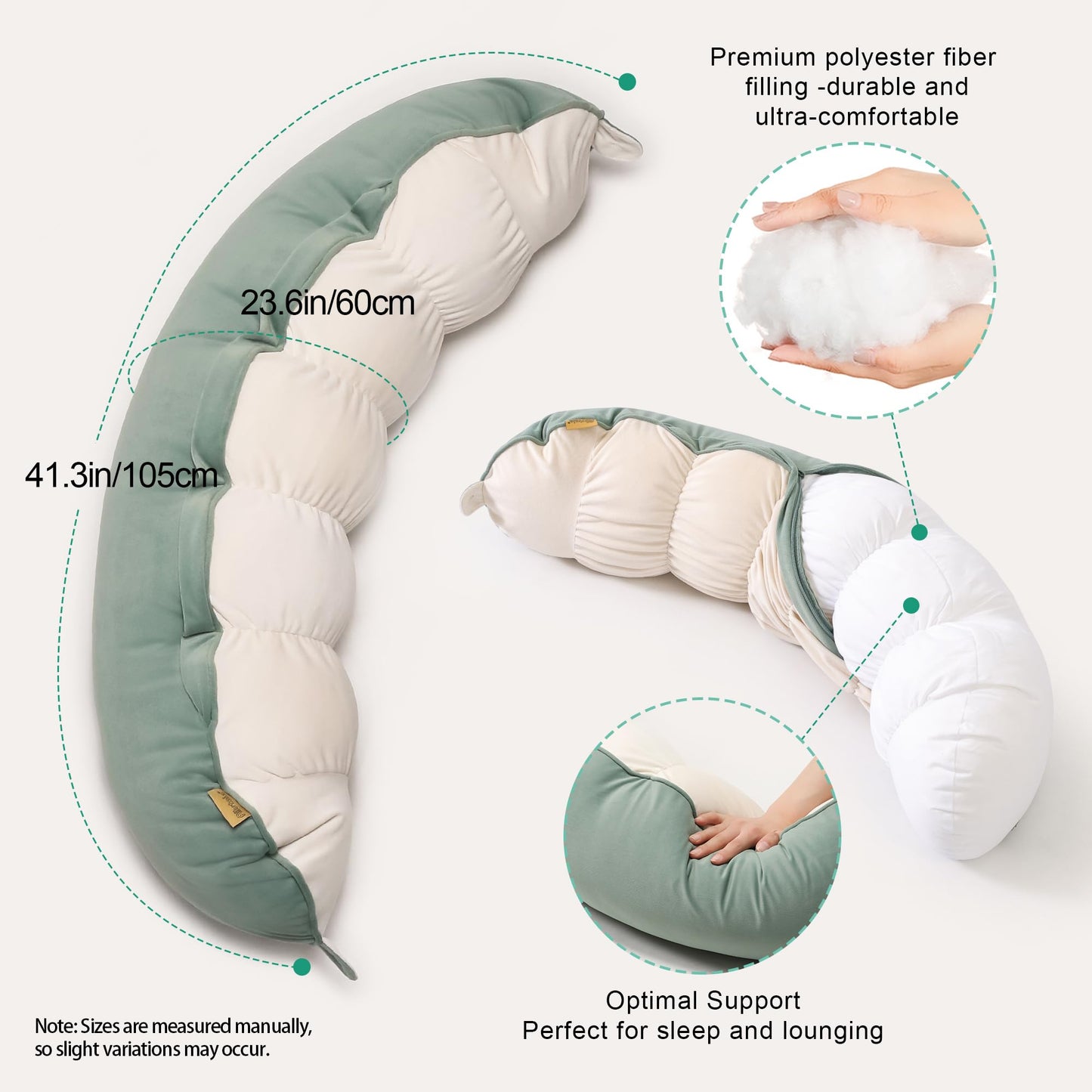 Ailuteie Peallow(Pat. Pend) – Long Round Body Pillow for Adults, Bolster Pillow for Sleeping, Soft and Supportive Pillow for Sleeping & Lumbar Support (Green-White, 29.5")