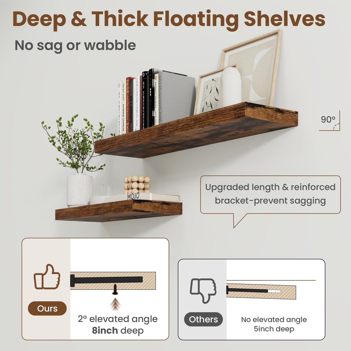 30 Inch Floating Shelves for Wall, 8 Inch Deep Floating Shelf for Storage & Display, Wall Mounted Shelf with Invisible Brackets for Living Room, Kitchen, Bathroom, Home Decor, Set of 2, Rustic Brown