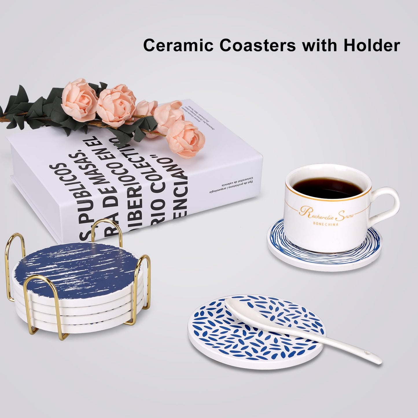Dksyee Absorbent Coasters Set of 6 Round Ceramic Coasters for Drinks Modern Blue Boho Coaster with Holder for Coffee Table Decor, Outdoor, Desk